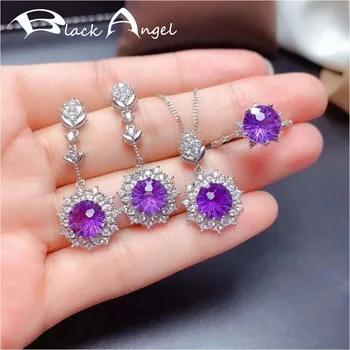 

BLACK ANGEL 2020 New Luxury Amethyst Silver Jewelry Set Long Drop Earrings Necklace Ring For Women Fine Jewelry Christmas Gift