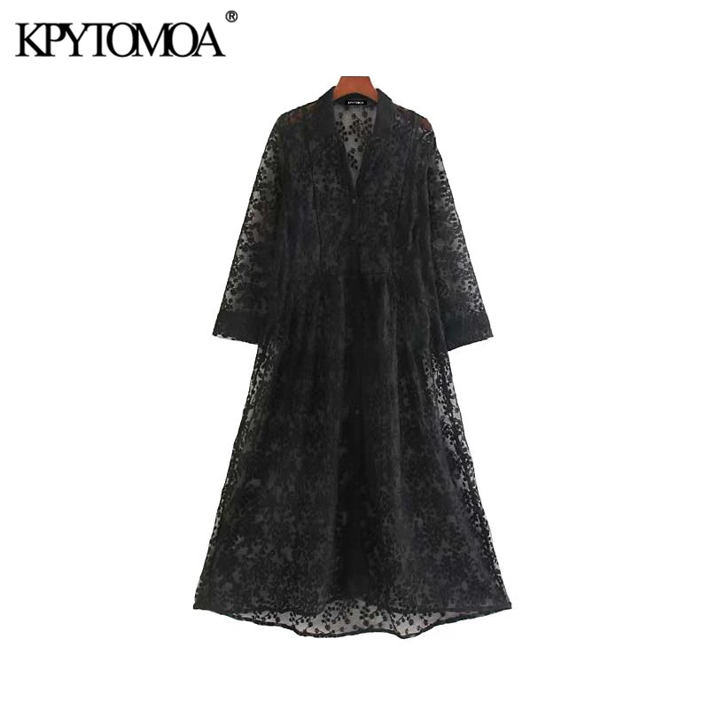

Vintage Chic Floral Embroidery Mesh Midi Shirt Dress Women 2020 Fashion Long Sleeve See Through Female Dresses Vestidos Mujer