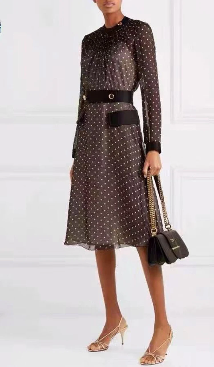 Svoryxiu модное дизайнерское осеннее платье миди в горошек с принтом женские высококачественные элегантные платья с круглым вырезом и длинным рукавом