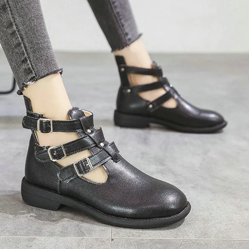 

Nice Pop Trend Women Novelty Pumps Comfortable Flat Heels Round Toes Shoes Woman Autumn Young Female Super Cool Buckles Boots