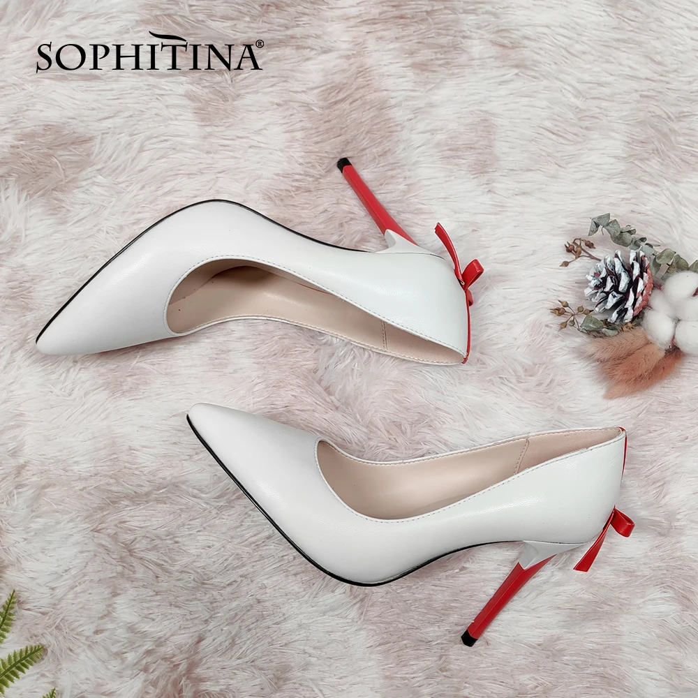 

SOPHITINA Fashion Women Pumps Pointed Toe Thin Heels High Butterfly-Knot Decoration Shallow Shoes Sheepskin Casual Pumps PC661