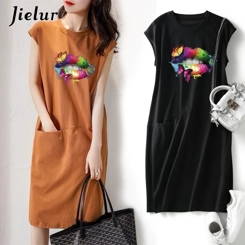 Jielur Harajuku Creative Lip Print T-shirt Sleeveless Oversize S-4XL T-shirts High Street Top Female Pockets T shirts for Women | Женская