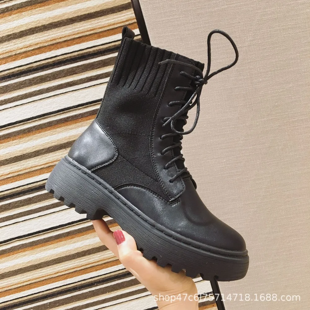 Bootee/ г. Женские ботинки на шнуровке женская низкая обувь женские ботинки с круглым носком, сабо на платформе, до середины икры, на резиновой подошве средней высоты, черного цвета, Roc