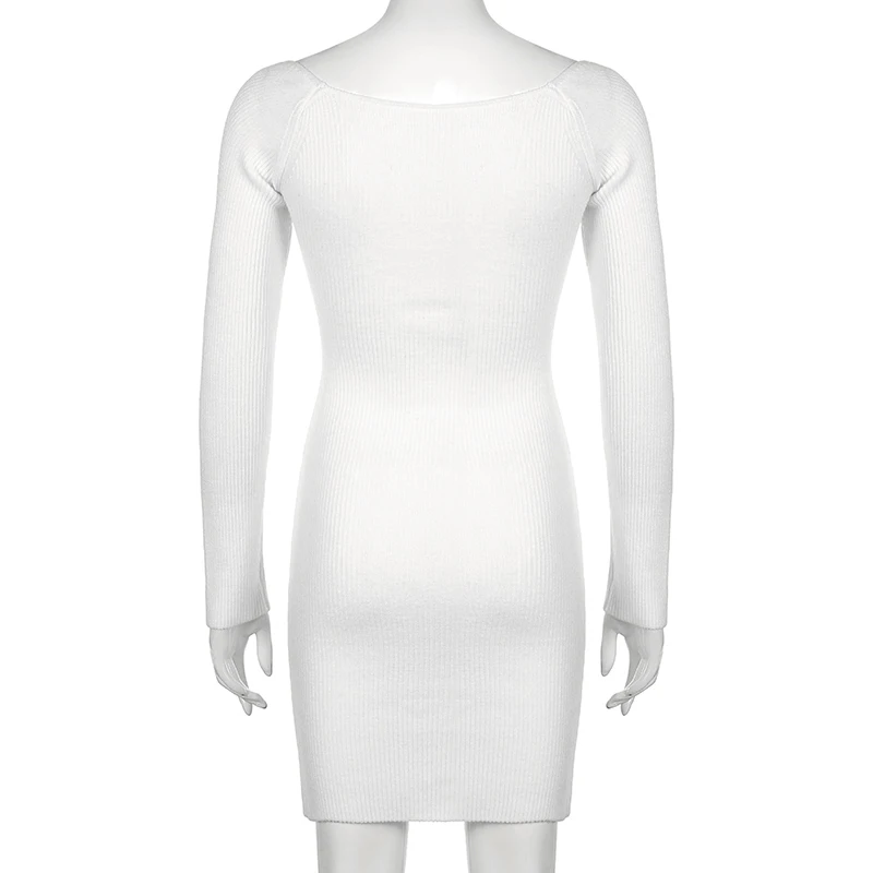 IAMSURE Basic Split Knitted Dress Autumn Winter Sexy Slim Square Collar Long Sleeve Mini Dresses For Women 2021 Elegant Fashion