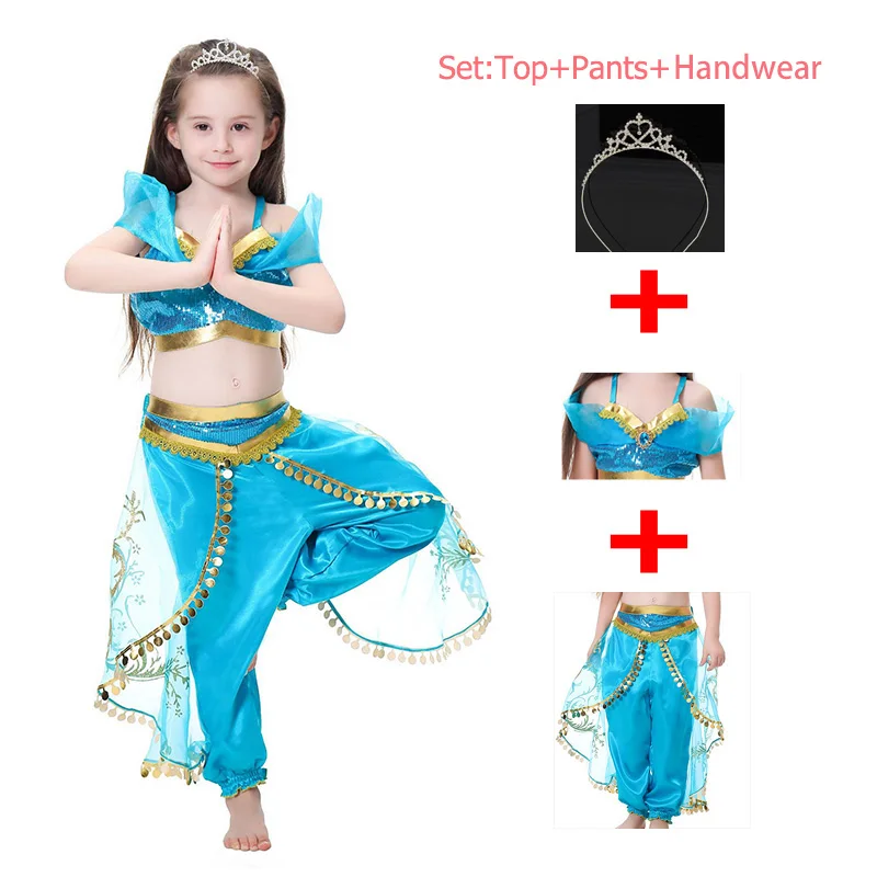 top pants headwear Маскарадный костюм для девочек с изображением лампы Аладдина и жасмина; костюм принцессы; Детский костюм на Хэллоуин, Рождество, вечеринку; комплект из двух предметов+ головной убор - Цвет: top pants headwear