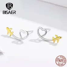 BISAER,, 925 пробы, серебро, золото, самолет, крылья, серьги-гвоздики, Fly To Love, модные серьги для женщин, ювелирные изделия, подарки GXE632