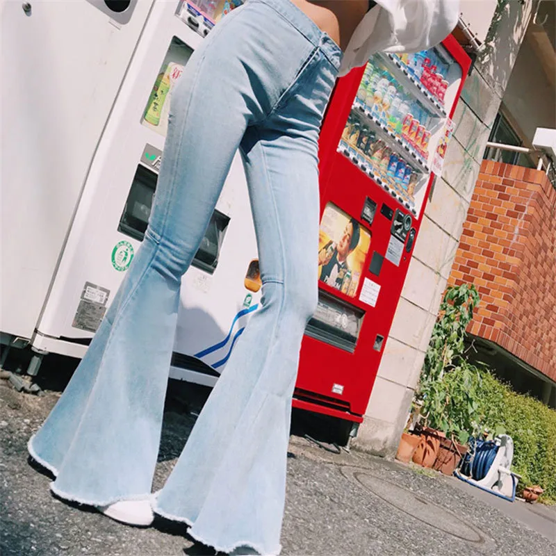 Однотонные длинные расклешенные джинсы с высокой талией Женские повседневные уличные джинсовые брюки женские весенние штаны