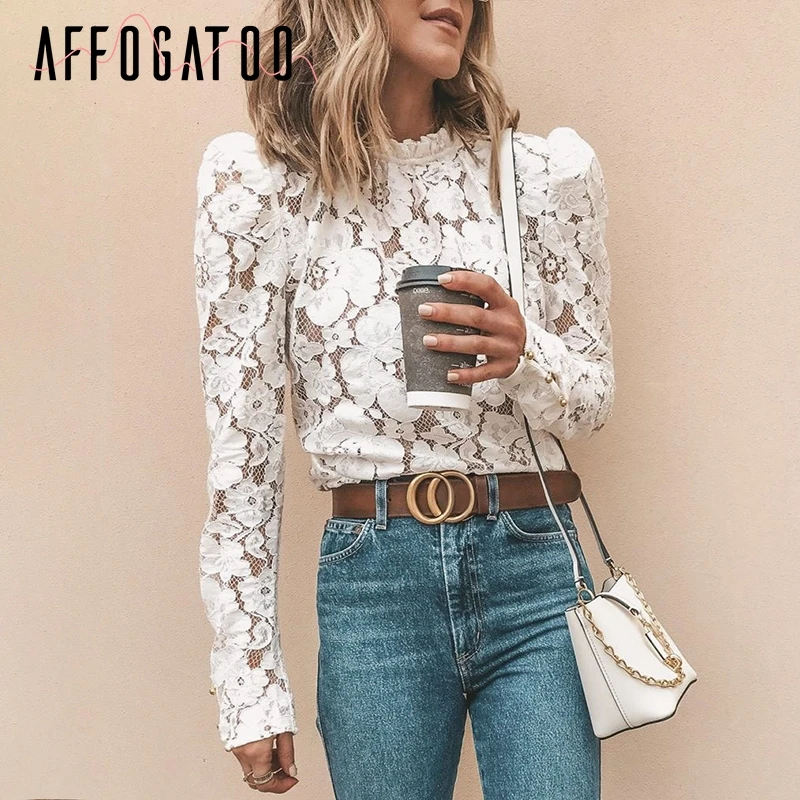  Affogatoo Elegant lace white blouse shirt women Sexy hollow out embroidery tops Vintage puff sleeve