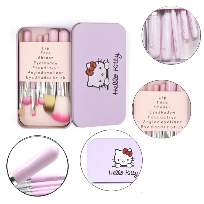 

Hello Kitty pink black 7pcs Makeup Brush Set with Iron Mini Box Make Up Tool Kits Facial Brushes Cosmetic Powder Brush Maquiagem