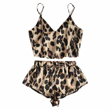 

Women Pajama Set 2PCS Sexy Animal Leopard Print Satin Cami Top High Cut Shorts