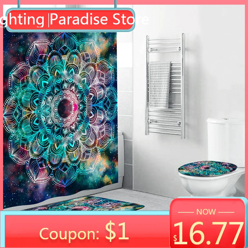 

4Pcs Set Bathroom Non-Slip Pedestal Rug+Lid Toilet Cover+Bath Mat+Shower curtain Waterproof Bathroom accessories decor -F300514