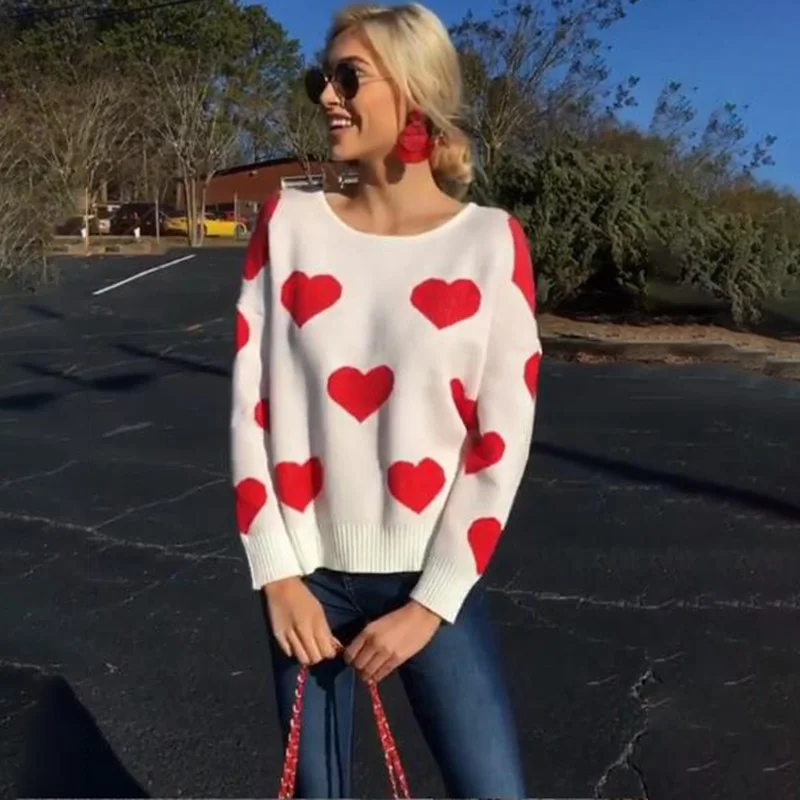 Women Casual Heart Printed Hollow Out Sweater Long Sleeve O neck Knitted Pullovers 2019 Autumn Winter New Fashion Trendy Loose | Женская
