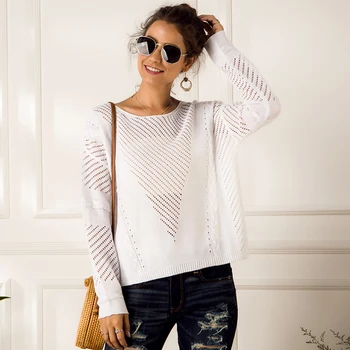 

Fashion Hollow Out Knitted Sweater Women Spring Autumn 2020 Round Neck Long Sleeve Patchwork White Casual Pullover Sweaters