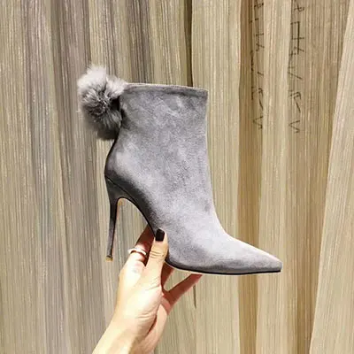 New Fashion Luxury Boots Women Designers Kid Suede Zip Pointed Toe Thin Heels Super High(8cm-up) Ankle Women Boots - Цвет: Черный