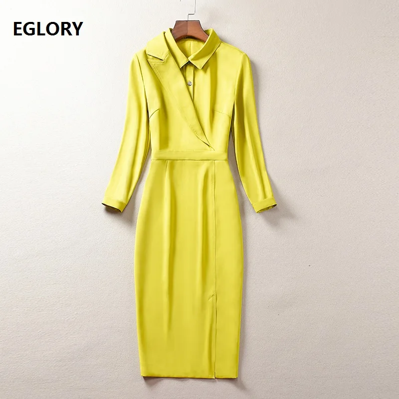 Elegant Work Dress 2020 Autumn Fashion Women Turn-down Collar Tunic Buttons 3/4 Sleeve Bodycon Knee -Length Pencil Yellow | Женская