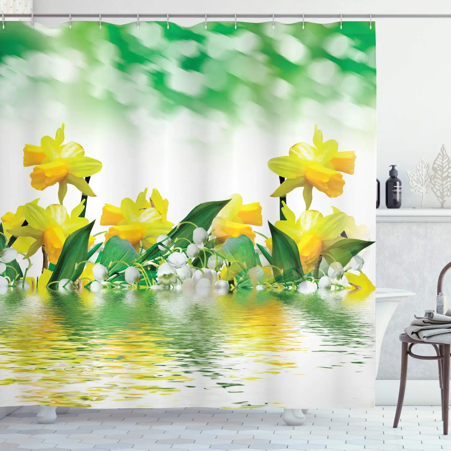 Занавеска для душа с цветочным рисунком зеленое садовое искусство на волнистой