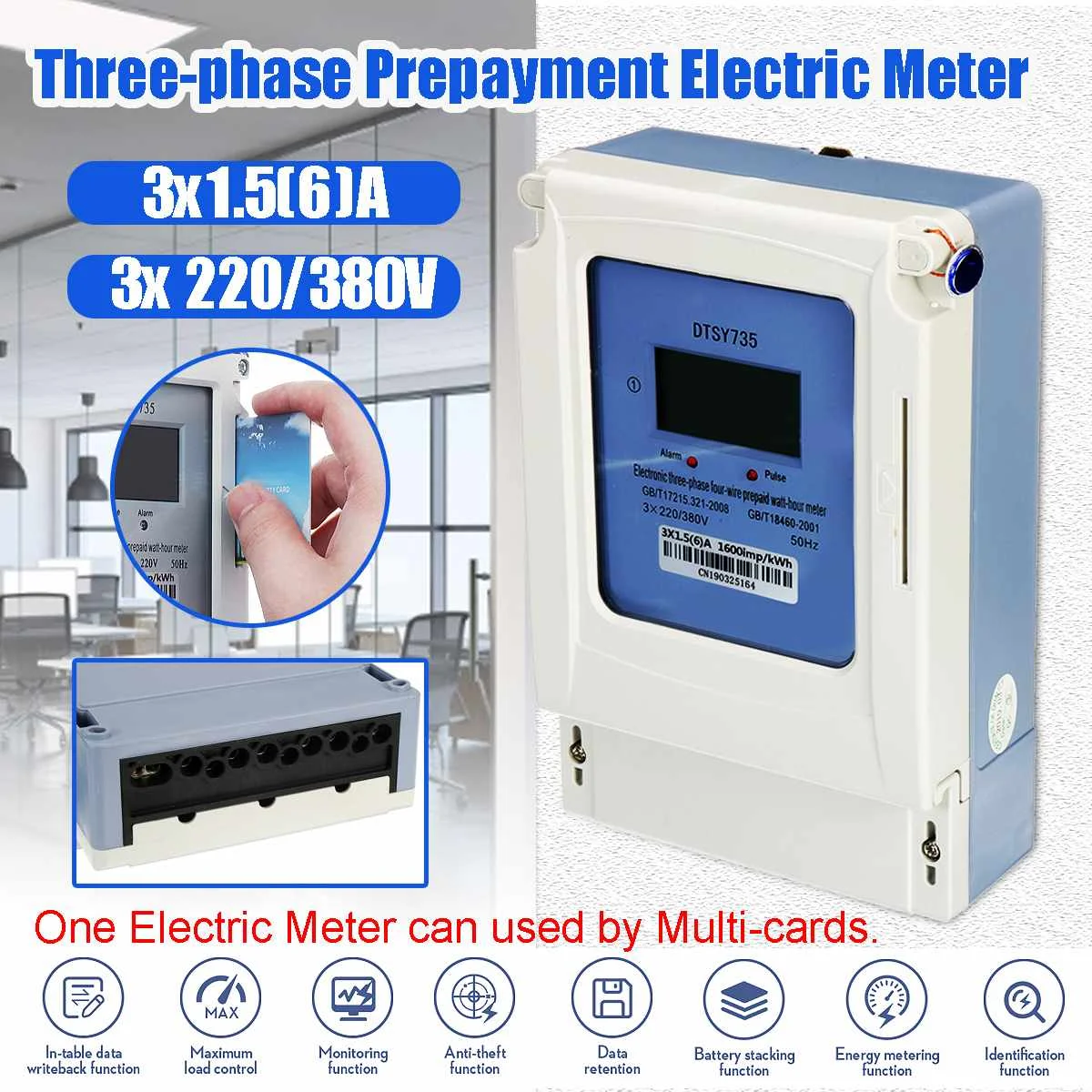 

Energy Meter Three-phase 4-wire 3x 220/380V Prepayment Energy Electric Card Meter LCD Backlight Digital Display Energy Meter