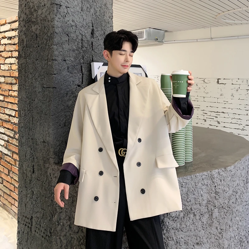 

2019 Autumn costume Solid Color Black Both Row Buckle Search Cuff Male Suit Loose Coat Three-colour Thick Chinese Style Khaki