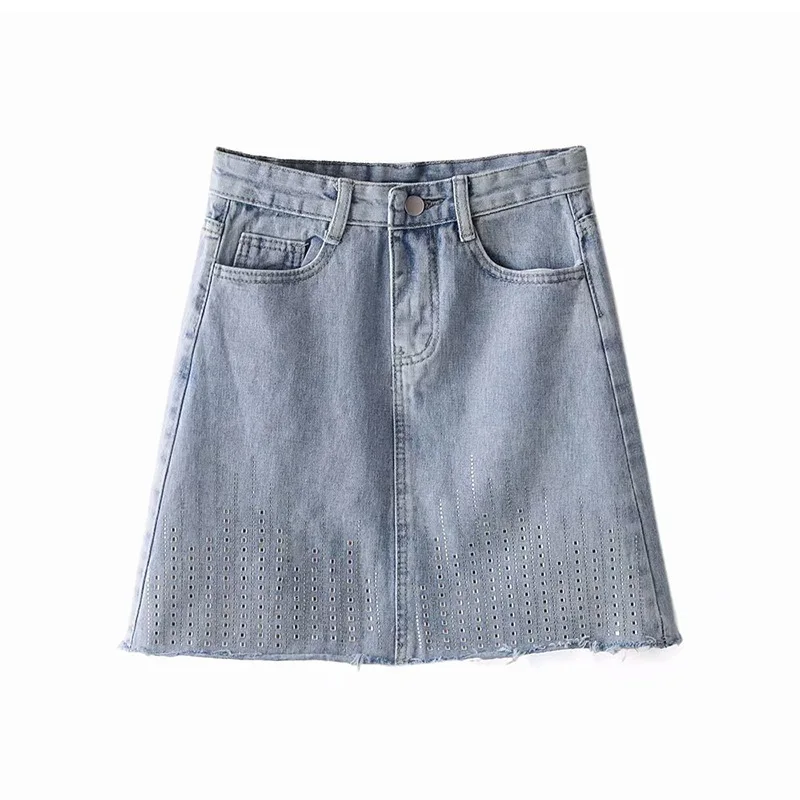 

Summer New Style Shiny Diamond Set Light Blue Denim Skirt WOMEN'S Short Skirt Flash Versatile A- line Skirt Sub-