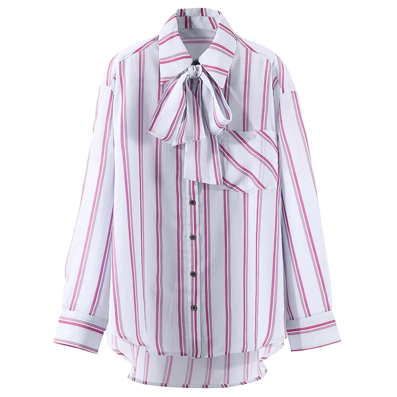 

Striped Shirt Women's 2020 Spring New Korean Loose-Fit Long-Sleeve Shirt with Bow Blouse Office Lady Tops Blouses Shirts Blusas