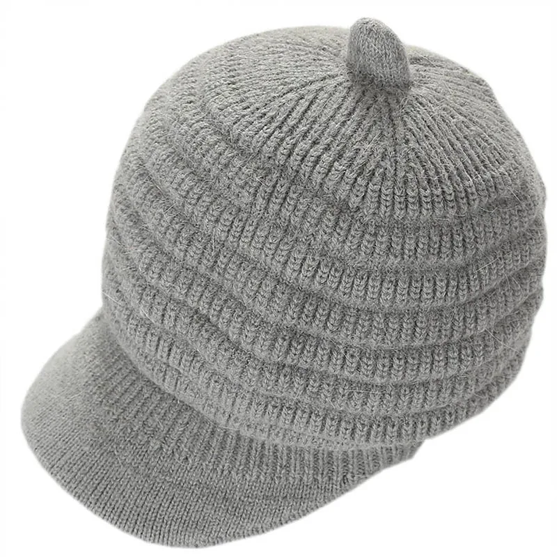gray hat Вязаная женская зимняя шапка из кроличьего меха и кашемира с козырьком для взрослых, теплые шапочки с громоздкими шапками, женские розовые шапочки Skullies - Цвет: gray hat