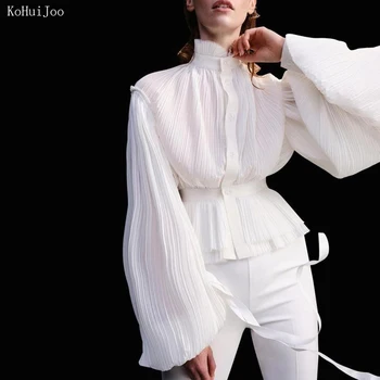 

Lantern Sleeve Shirt and Tops Women Ruffles Retro Blouse Black White Full Sleeve Ruched Blouse Blusas Vintage Shirts Female