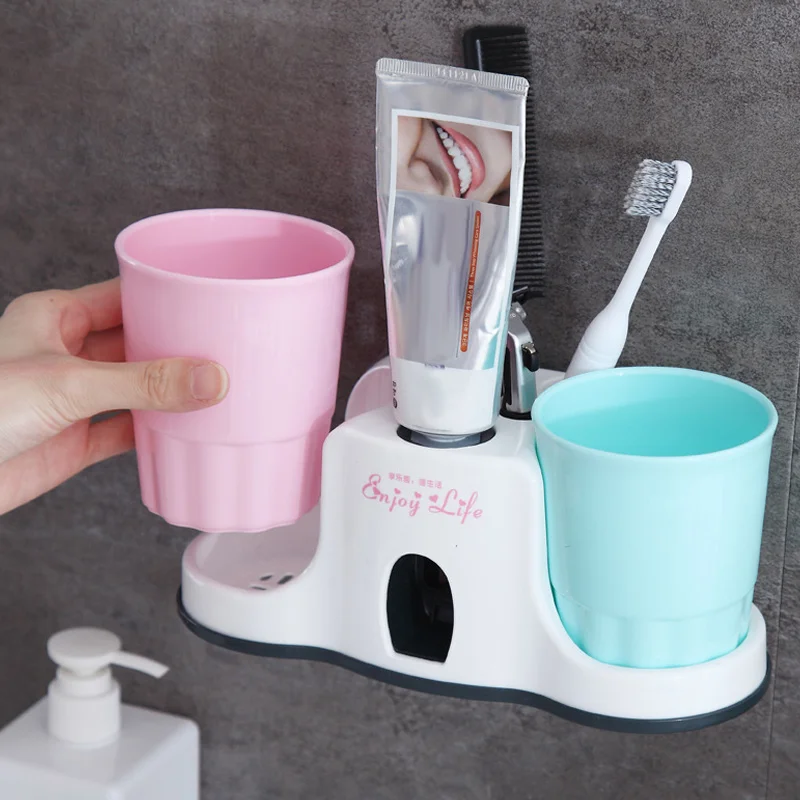 

Toothbrush Holders Automatic Toothpaste Dispenser with 2 Gargle Cups for Bathroom J2Y