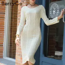 BerryGo, элегантное вязаное платье-свитер, женское модное однотонное платье в полоску с длинным рукавом, офисное женское шикарное осенне-зимнее женское платье