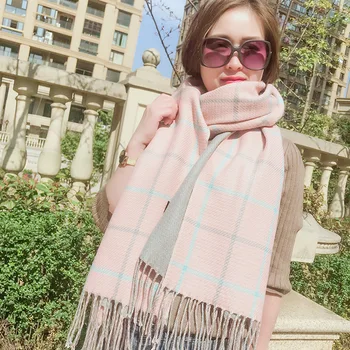 

Korean Autumn and Winter New Thickened Lattice Double-sided Scarf Woman Winter Warm fringed Scarf Shawl