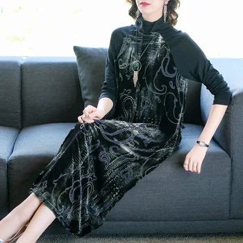 

Velvet Dress Big Code Slimming Age Foreign Style Noble 2019 Printing Over The Knee Medium Length Money Skirt