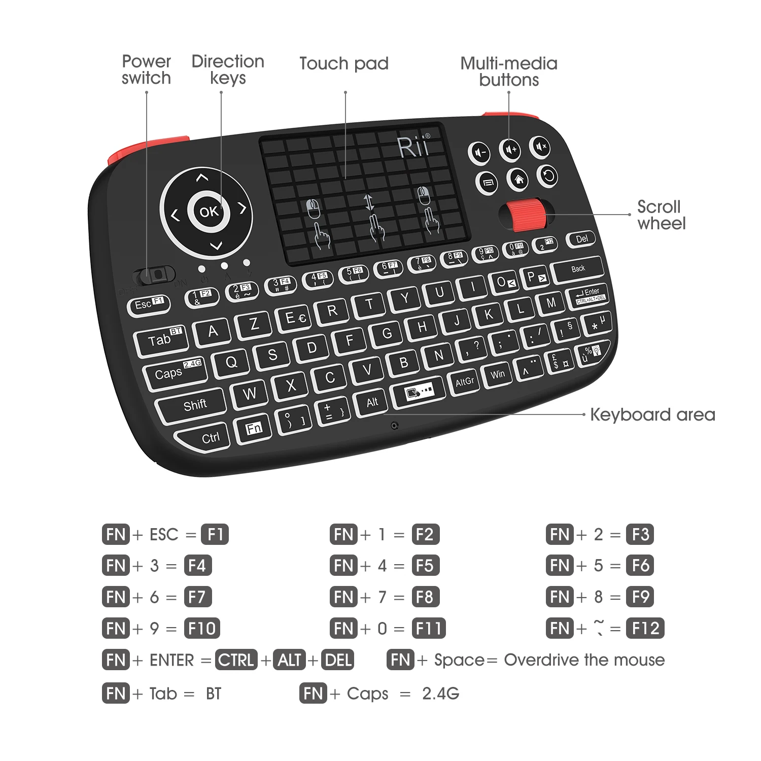 AZERTY Мини-Клавиатура Rii i4 2,4 ГГц Bluetooth с двумя режимами портативная мышь с подсветкой Сенсорная панель Пульт дистанционного управления для Windows Android