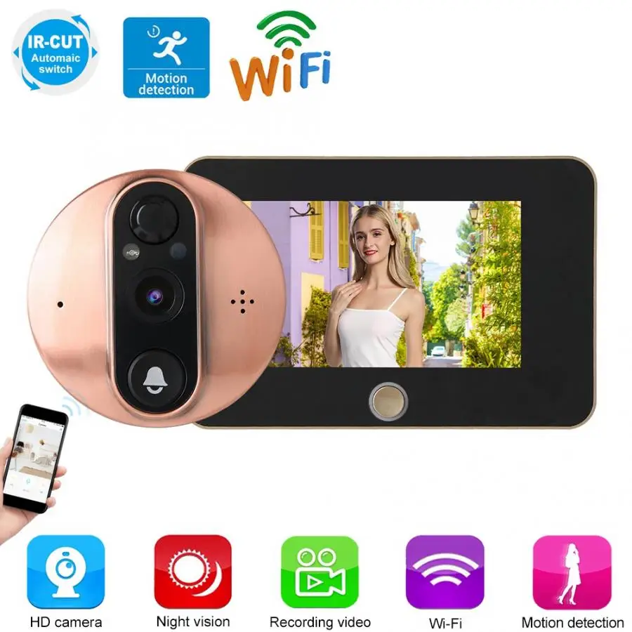 Видео глазок Wifi 4,3 дюймов цифровая дверная камера дверной звонок HD 720P ночное видение PIR Обнаружение движения 166 градусов Дверь просмотра облако