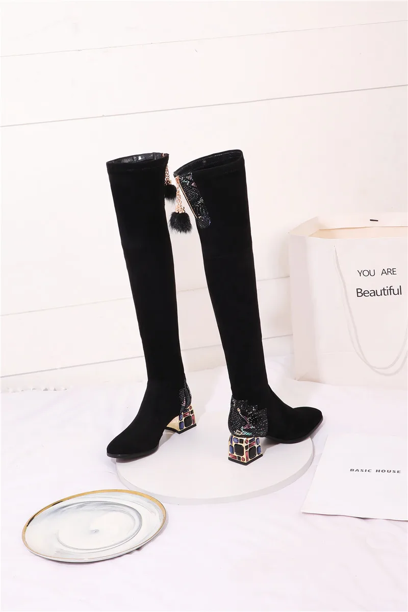FEDONAS Зимние ботинки для верховой езды; облегающие эластичные сапоги Для женщин над сапоги до колена; Соблазнительные стразы на высоком каблуке флоковая обувь для вечеринок женская обувь