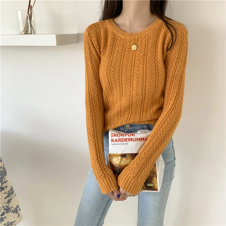 Knitted Sweater Woman Pullover Solid Color Candy Colors Basic Long Sleeves O-neck Jumpers