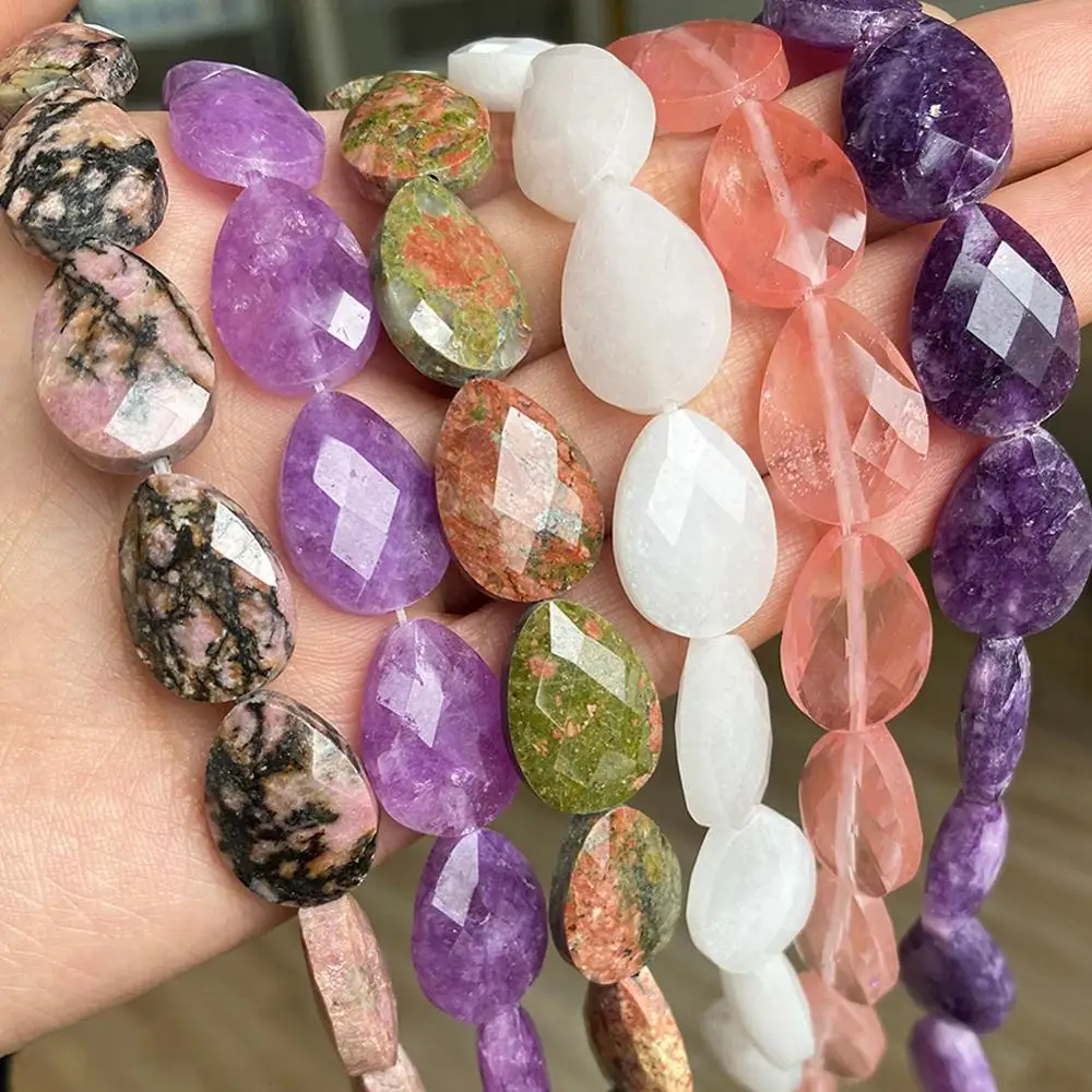 

13*18mm Natural Faceted Stone Beads Water Drop White Jades Rhodonite Amethysts Angelite Beads For Jewelry DIY Making Bracelet