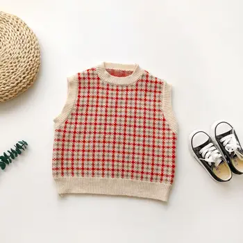 

Spring 2020 New Arrival Korean style all-match cotton plaid knnited sleeveless vest sweater for cute sweet baby girls