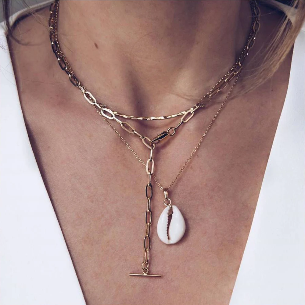 

3 Pcs/set Bohemian Shell Multilayer Choker Necklace for Women Gold Chain Long Necklaces collar Collier Seashell Jewelry New