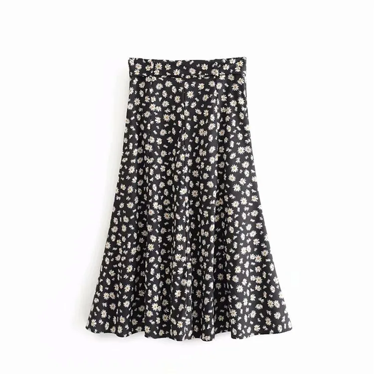

Az-9445 Versatile High-waisted Daisy Printed Slit A- line Long Skirts