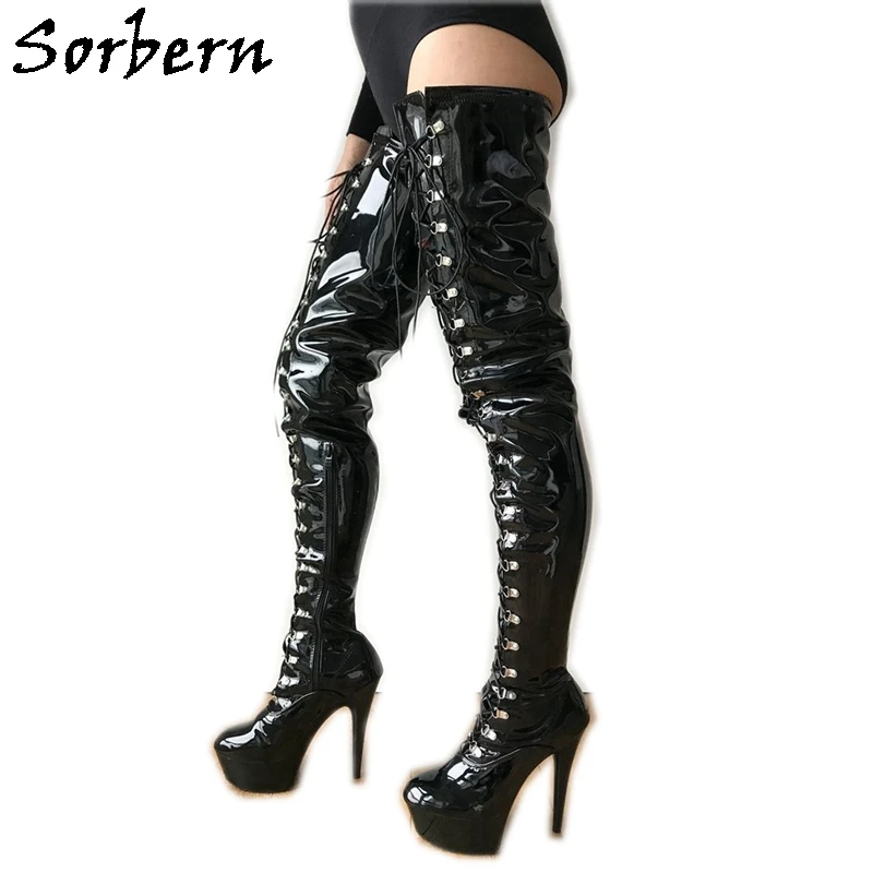 black patent thigh boots