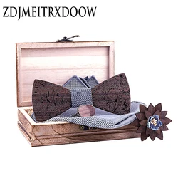 New Silver grey Plaid Wooden Bowtie For Mens Marry Pocket Square Cufflinks Brooch Sets Line flower Accessories cadeau homme