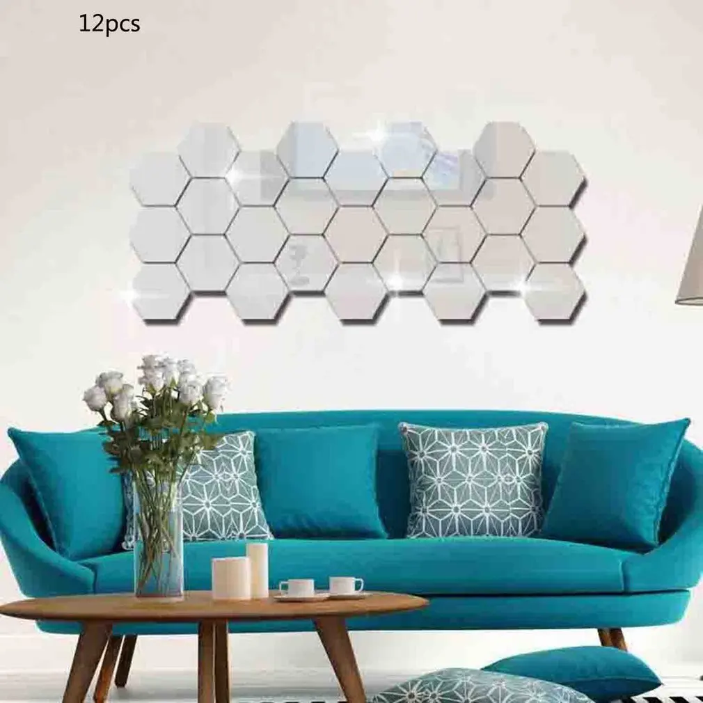 12PCS Hexagon Removable Waterproof Self-adhesive Mirror Stickers Home Bathroom Kitchen Wall Stickers Kitchen Decoration