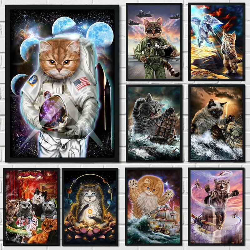 

Astronaut Cat Canvas Painting Abstract Posters and Prints Cat Playing Poker Wall Art Picture Cuadros Home Decoration Room Decor