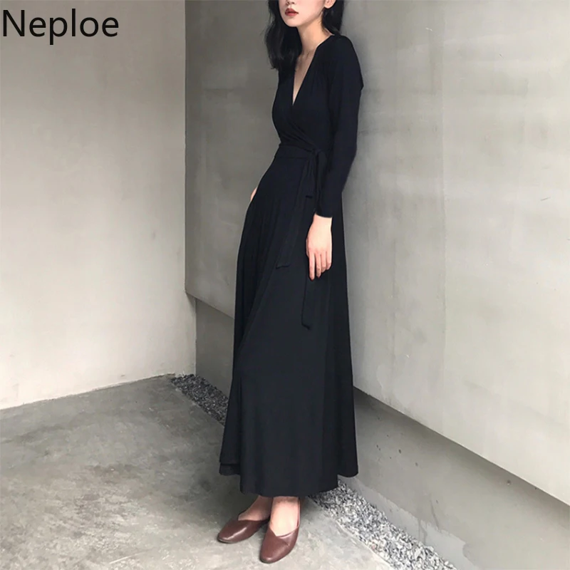 

Neploe Spring Women's Knit Dresses V Neck Black Slim Maxi Dress Loose Female Long Robe Elegant Office Wrap Dress Party Vestidos
