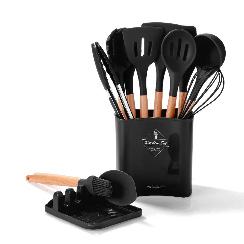 Kitchen Silicone Cooking Utensil 13-Piece Set with Stand, Wood Handles -  Pure Parker