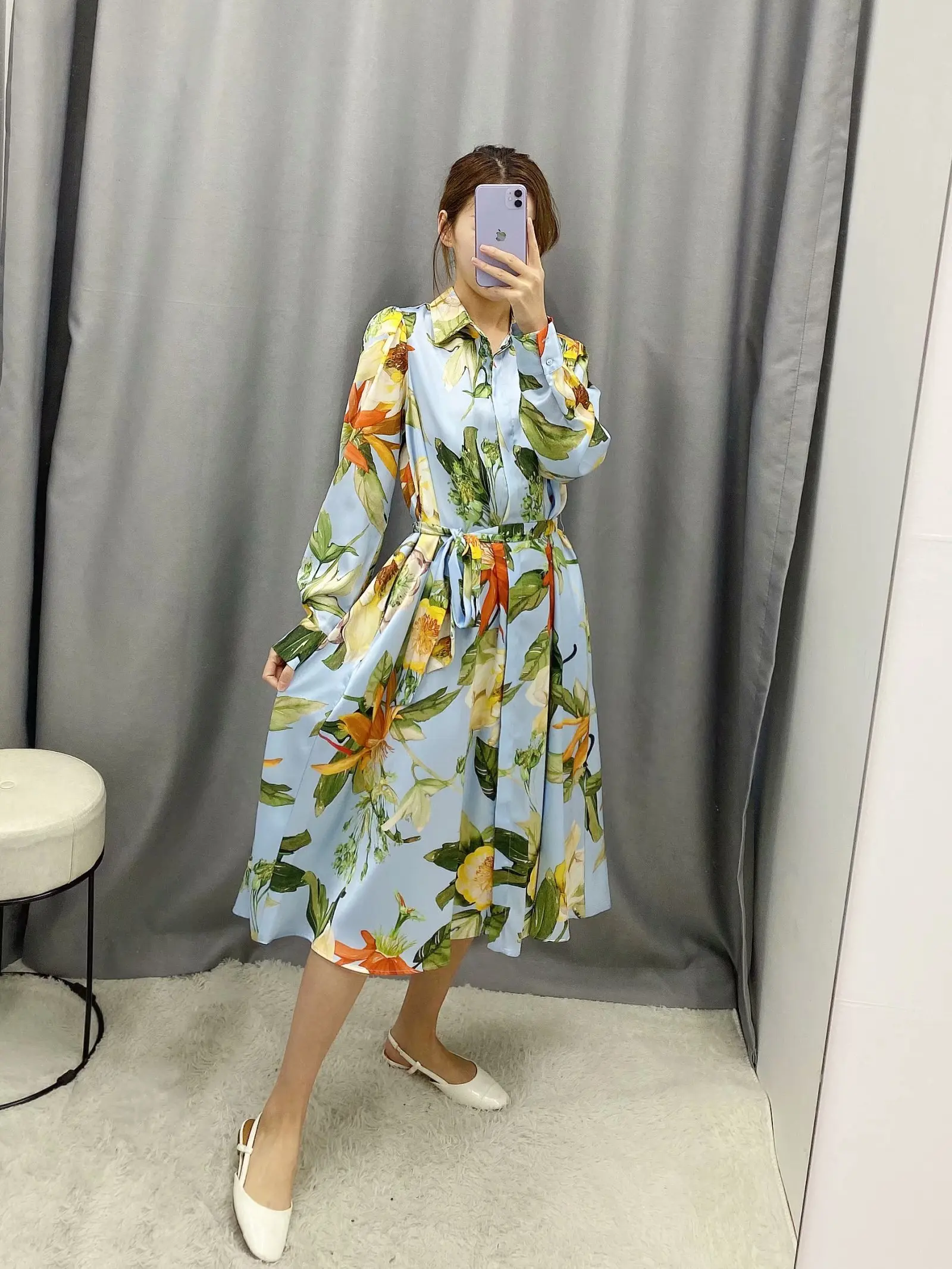 Женское платье с поясом ZA 2020 яркое Повседневное до середины икры длинным рукавом