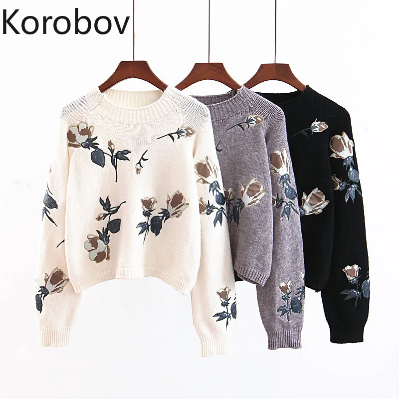 Korobov сладкий цветок вышивка длинный рукав женский пуловер корейский o-образный вырез укороченный свитер женский базовый Sueter Mujer 79088