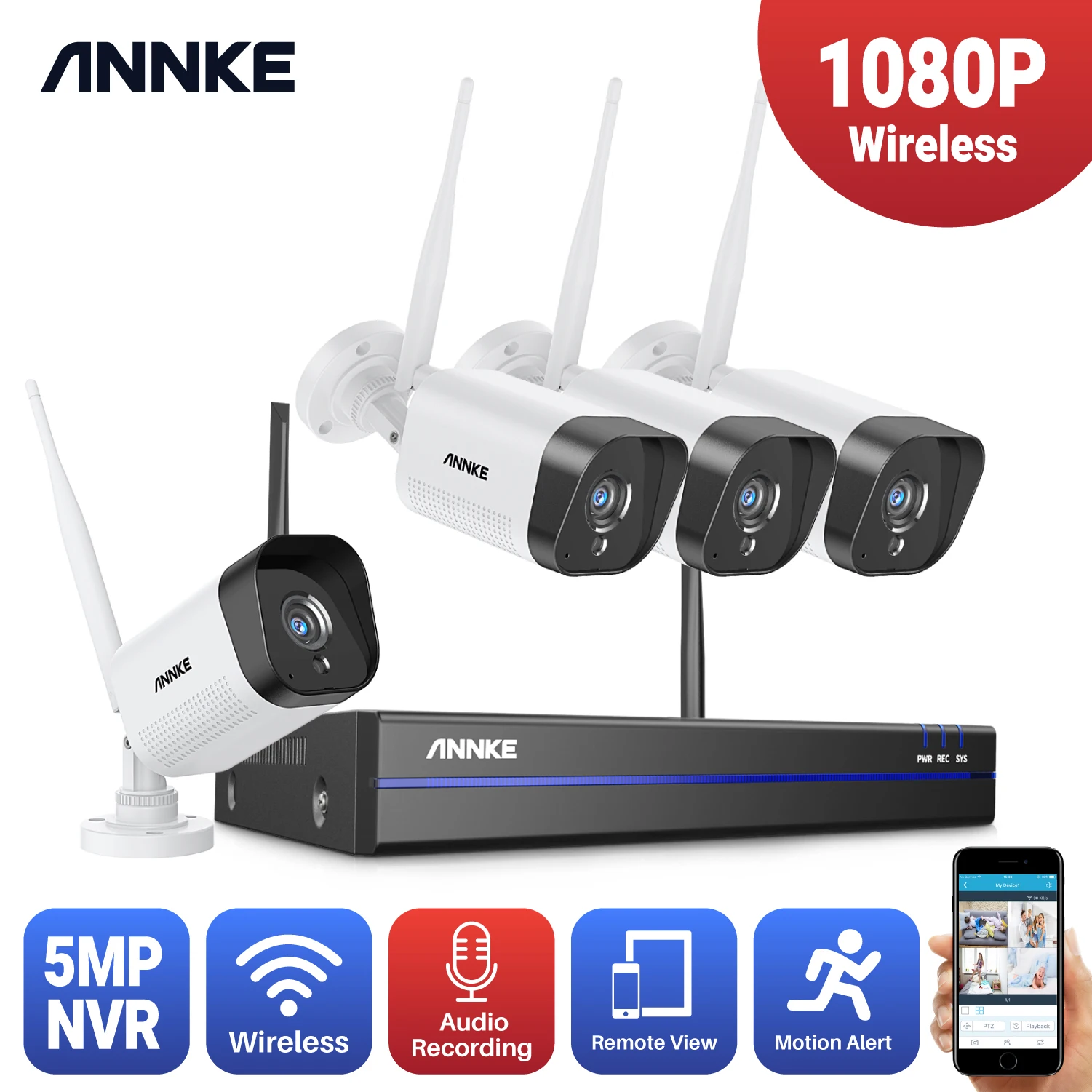 Камера видеонаблюдения ANNKE беспроводная 8 каналов 1080 пикселей FHD Wi-Fi NVR 4 шт. |