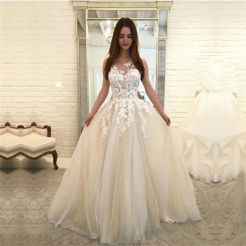 

NUOXIFANG Charming Scoop Sleeveless Wedding Dresses 2020 Sleeveless Lace Tulle Bridal Gown Vestido de Noiva Princess Bride Dress