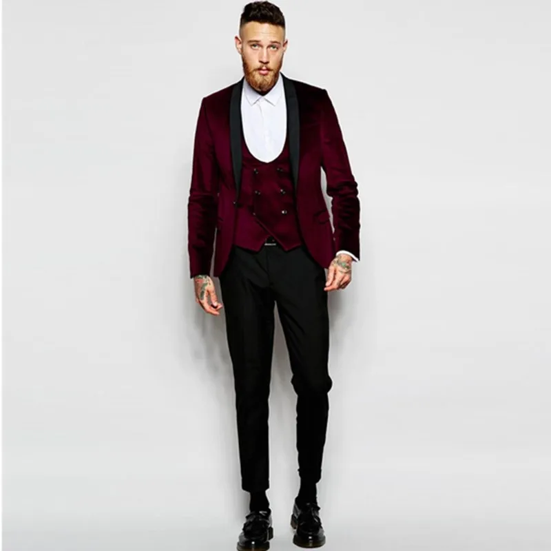 

Custom Made Red Wine Men Suits 2020 Wedding Groom Velvet Tuxedos Beau Best Men Blazer Prom Party Suits Shawl Lapel 3 pieces