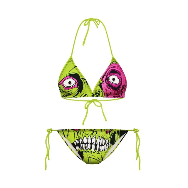 Sexy Funny Bikinis Set 3D Green Skull Printed Cosplay Bra Straps Low Waist Swimsuit Female